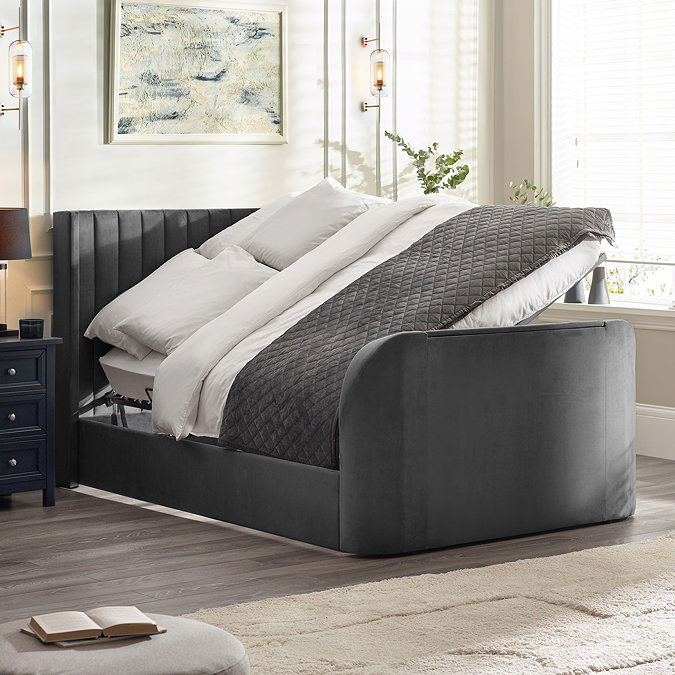 image of dark grey ottoman bed lifted up on one side to suggest space within