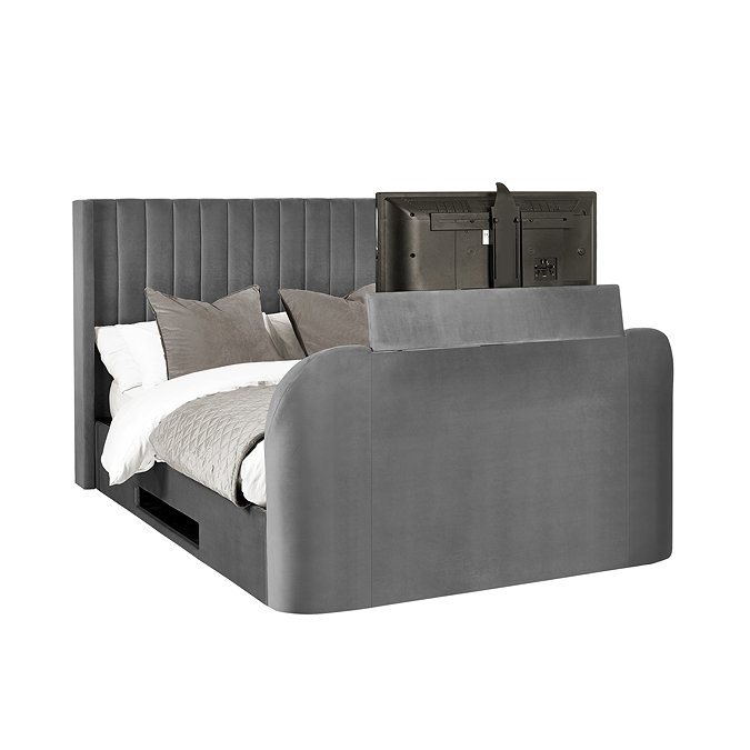 image cut out on white background of dark grey ottoman bed with tv lifting out of footboard compartment