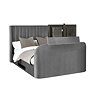 image cut out on white background of dark grey ottoman bed with tv lifting out of footboard compartment