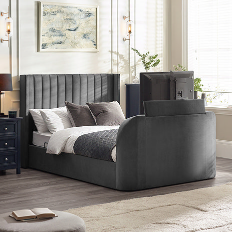 image of dark grey ottoman bed with tv lifting out of footboard compartment