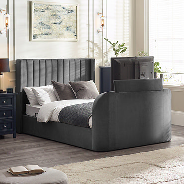 image of dark grey ottoman bed lifted up on one side to suggest space within