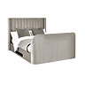 image cut out on white background of light grey fabric ottoman bed