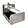 image cut out on white background of light grey fabric ottoman bed, with side lifted up to show storage space within