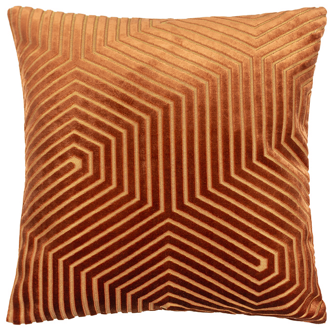 square brick coloured cushion with geometric detailing, cut out on white background