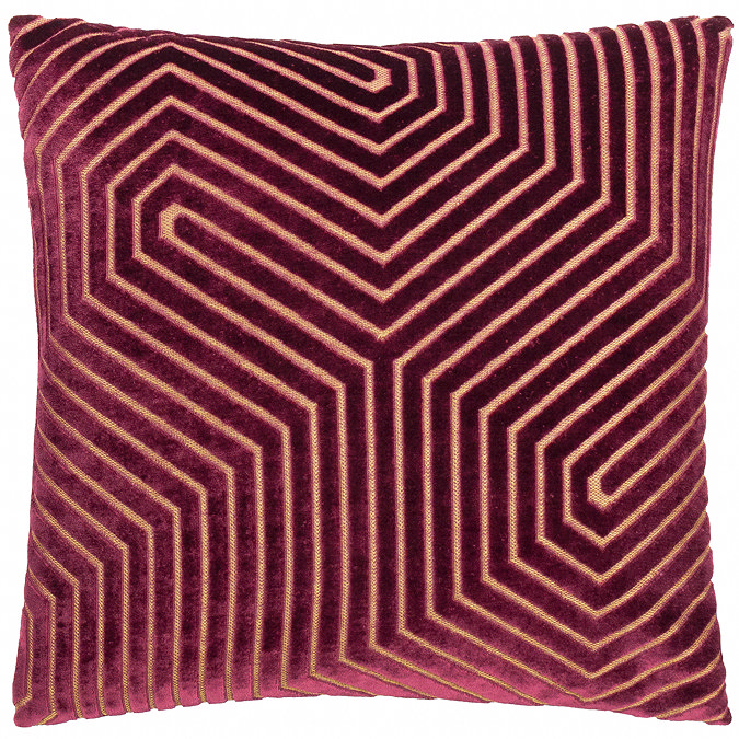 burgundy red square cushion with geometric detailing, cut out on white background