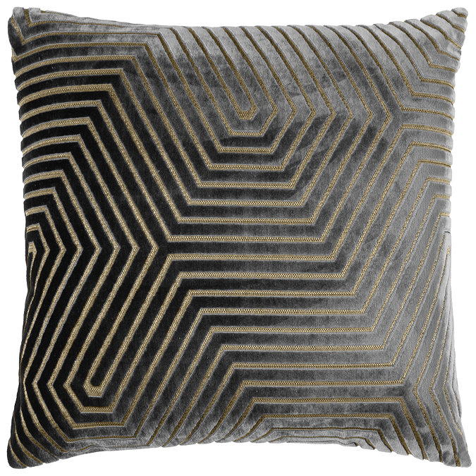 front image of charcoal grey square cushion with geometric pattern, cut out on white background