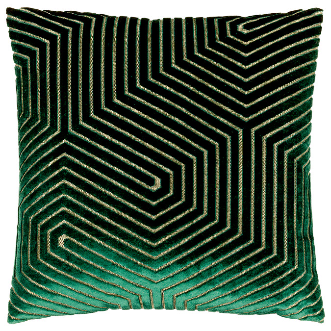 front image of emerald green cushion with geometric detail, cut out on white background