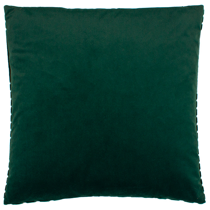 image of reverse velvet of emerald green square cushion, cut out on white background.