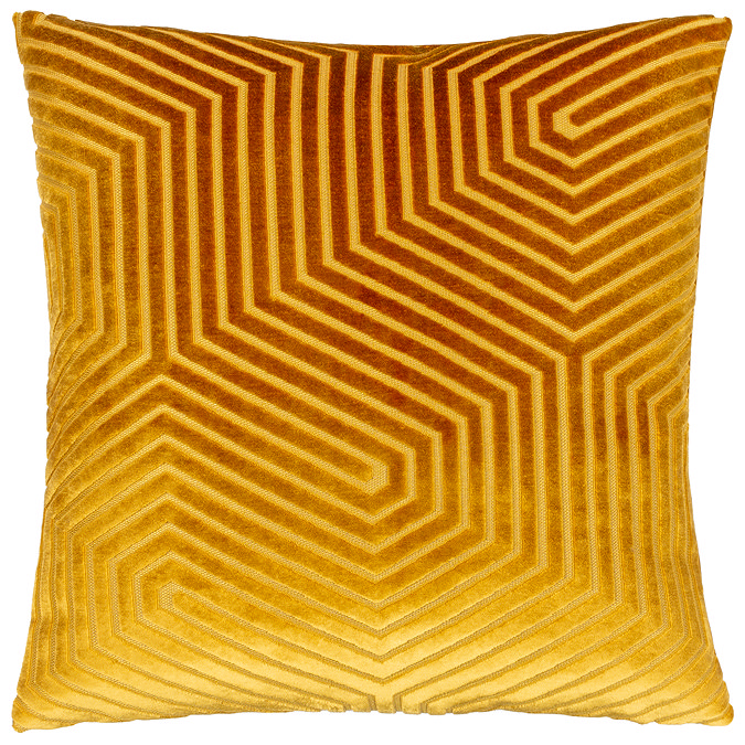 front image of gold square cushion with geometric detailing, cut out on white background