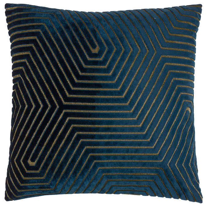 square navy blue cushion with geometric detailing, cut out on white background