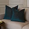 two sizes of navy blue geometric cushions, 45x45 and 55x55cm, sat together on cream sofa