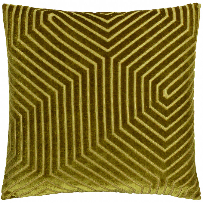 front image of square olive green cushion with geometric detailing, cut out on white background
