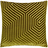 front image of square olive green cushion with geometric detailing, cut out on white background