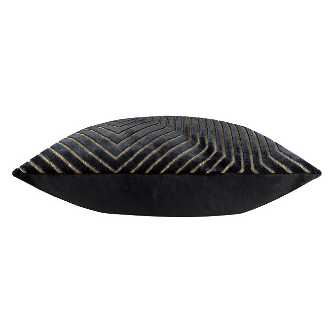 side on image of black velvet cushion, cut out on white background