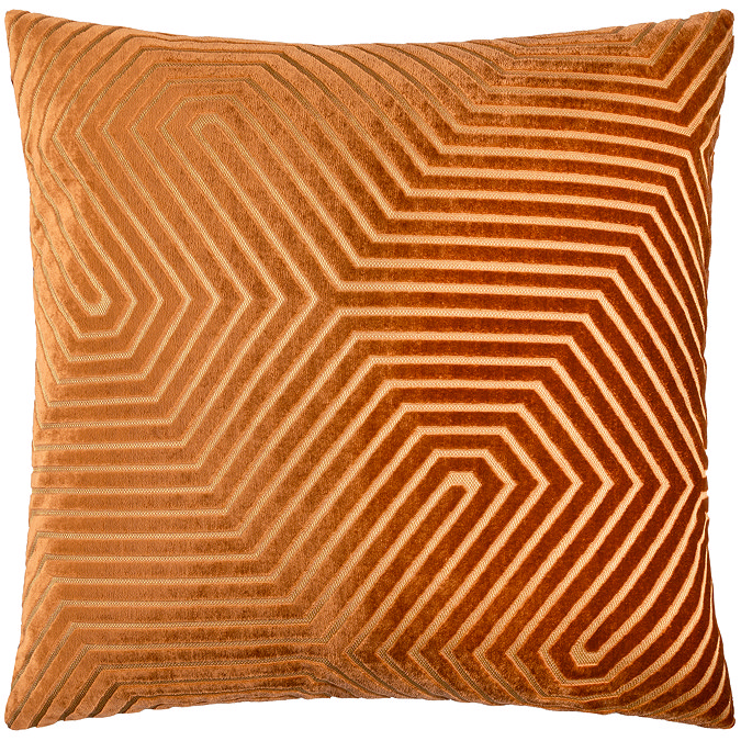 brick coloured square cushion with geometric detailing, cut out on white background