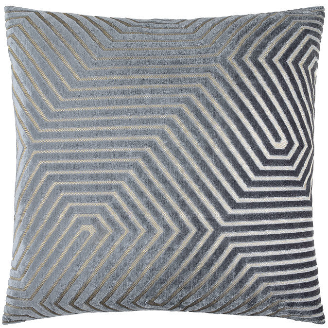 charcoal grey square cushion with geometric detailing, cut out on white background