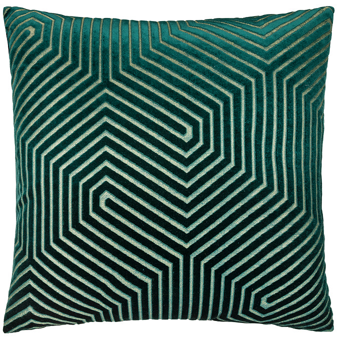 emerald green square cushion with geometric detailing, cut out on white background