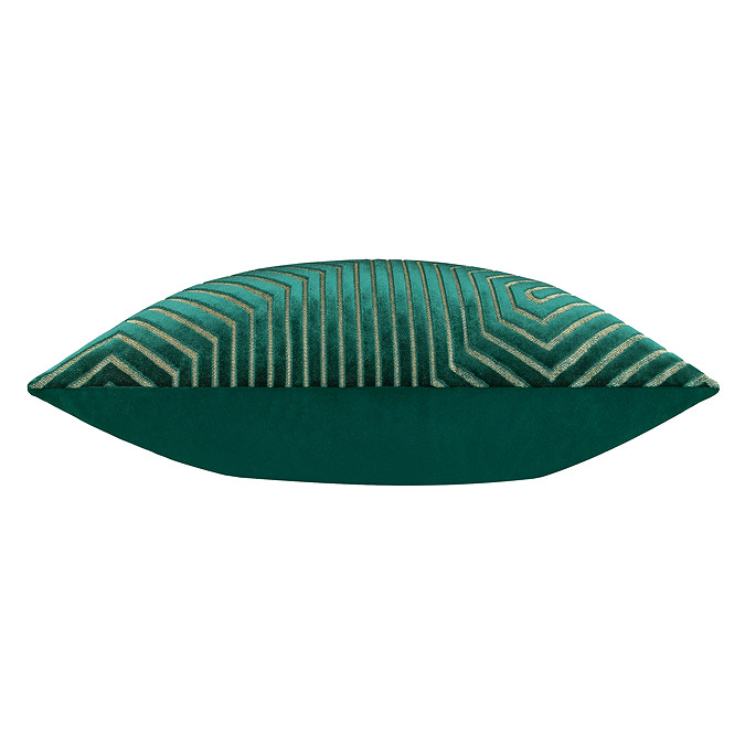 side on image of emerald green cushion with geometric detail