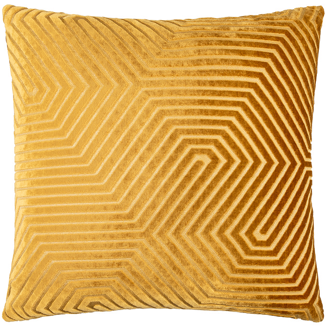 gold square cushion with geometric detailing, cut out on white background