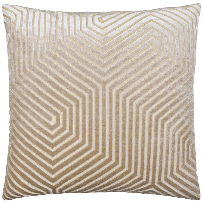 mink coloured square cushion with geometric detailing, cut out on white background