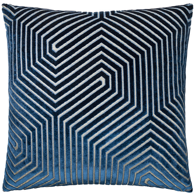 square navy blue cushion with geometric detailing, cut out on white background