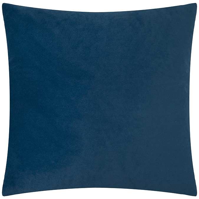 back image of navy blue cushion with plain velvet reverse