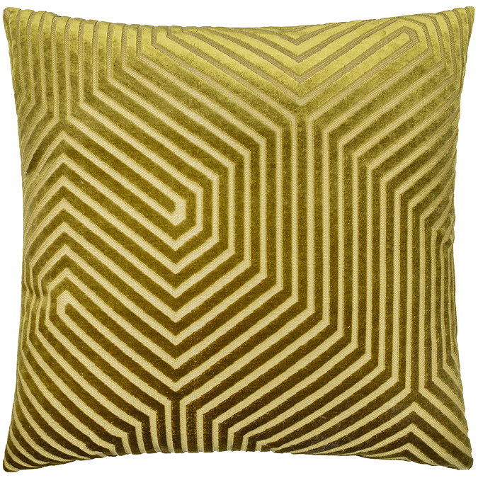 olive green square cushion with geometric detailing, cut out on white background