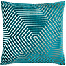 front image of teal green cushion with geometric detailing, cut out on white background