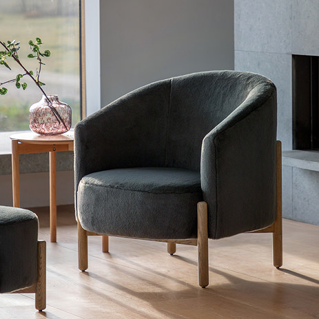 image of graphite grey plush deep seat accent chair with ash wood legs