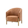 side on cut out of vintage brown leather accent chair with oak legs