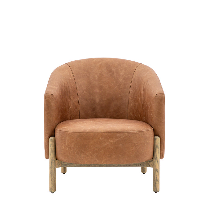 front on cut out image of brown leather accent chair with oak legs