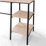 close up on two open shelves of modern desk with black metal legs