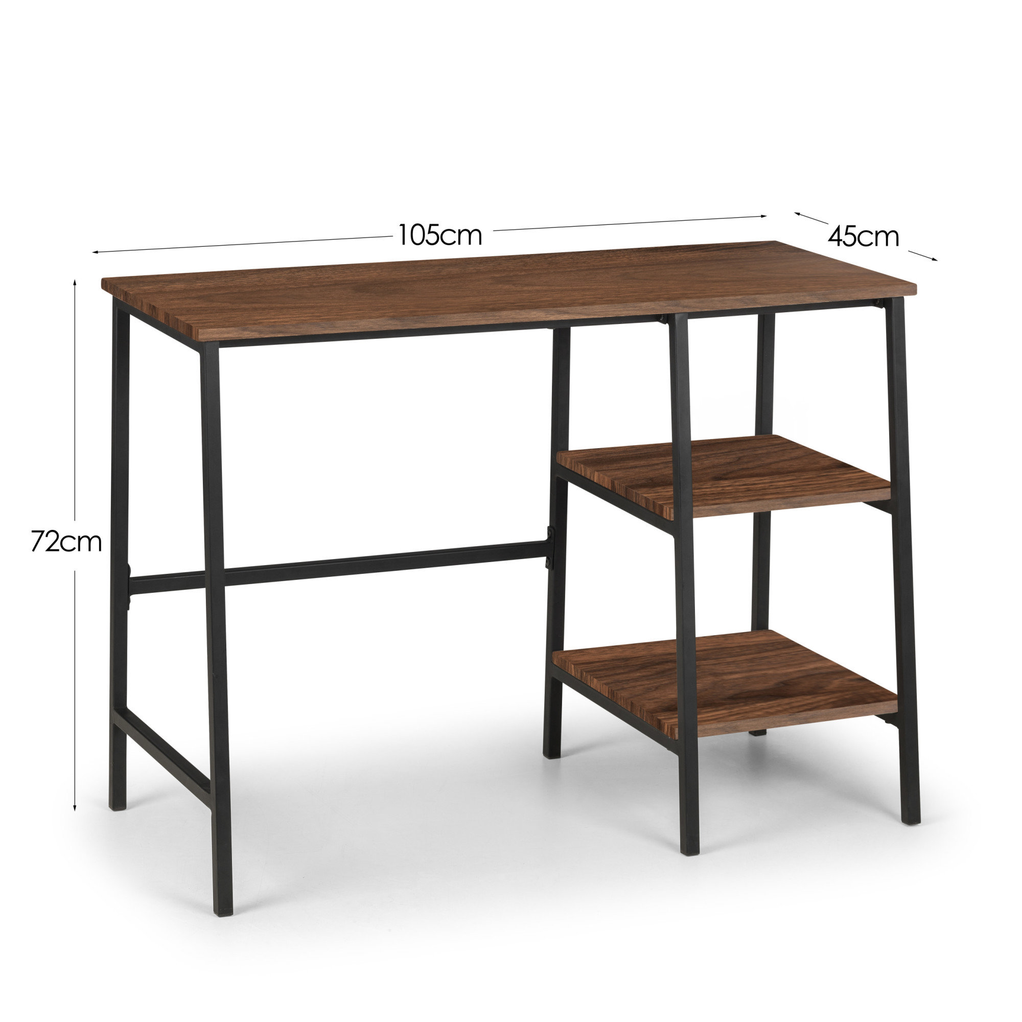 line dimensions image for walnut and black rectangular desk