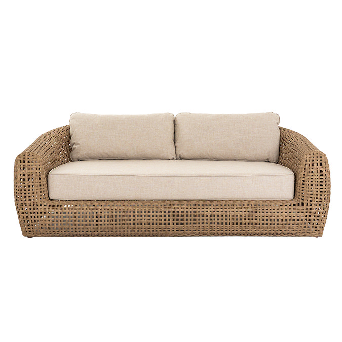 front on image cut out on white background of 2 seater cream cushioned sofa for garden