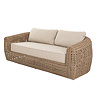 image cut out on white background of 2 seater brown weave sofa with plush cream cushions