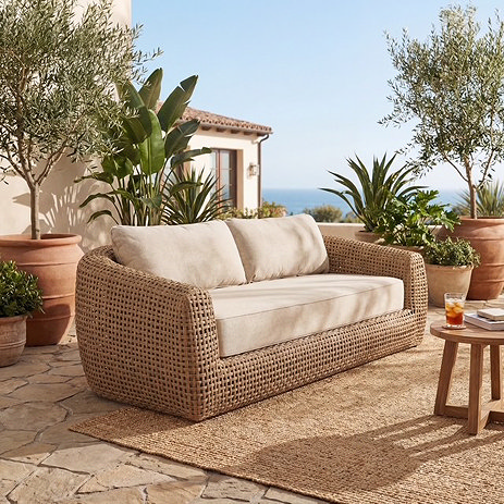 image of 2 seat brown weave sofa with cream cushions on jute rug on garden patio in Mediterranean setting