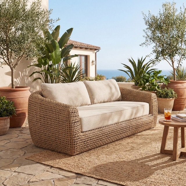 image of 2 seat brown weave sofa with cream cushions on jute rug on garden patio in Mediterranean setting