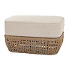 image cut out on white background of woven brown garden footstool with plush cream cushioned top
