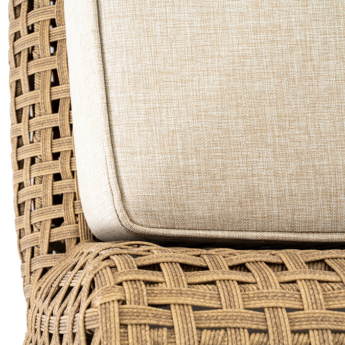 close up image of light brown fabric of garden armchair