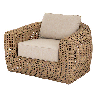 image cut out on white background of brown weave outdoor armchair with large plush cushion