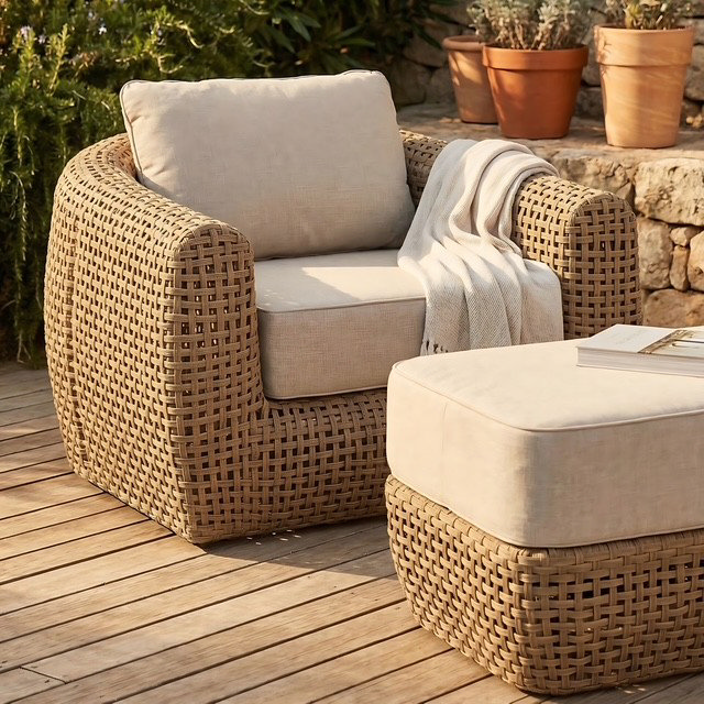 image of rounded rattan garden sofa with chunky cream cushions, on wooden decking with matching footstool