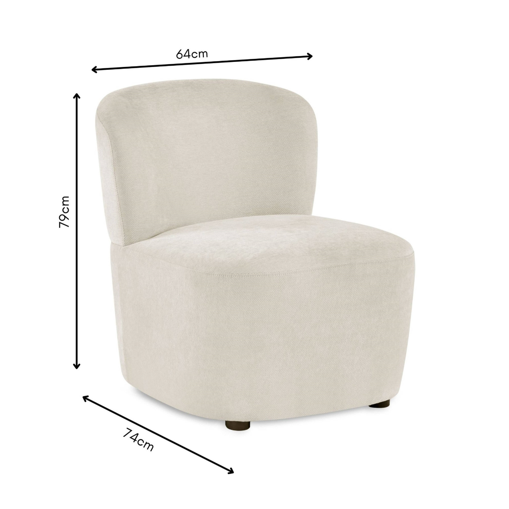 image cut out on white background of cream accent chair with black arrow line dimensions