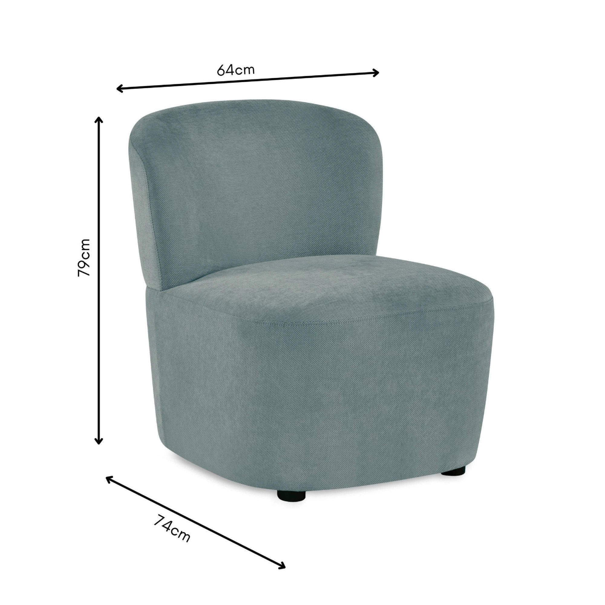 image cut out on white background of blue accent chair with black arrow line dimensions