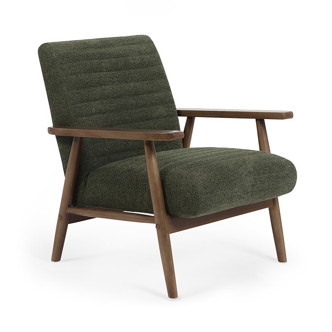 image cut out on white background of olive green accent chair with warm wood arms and legs