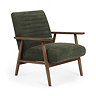image cut out on white background of olive green accent chair with warm wood arms and legs