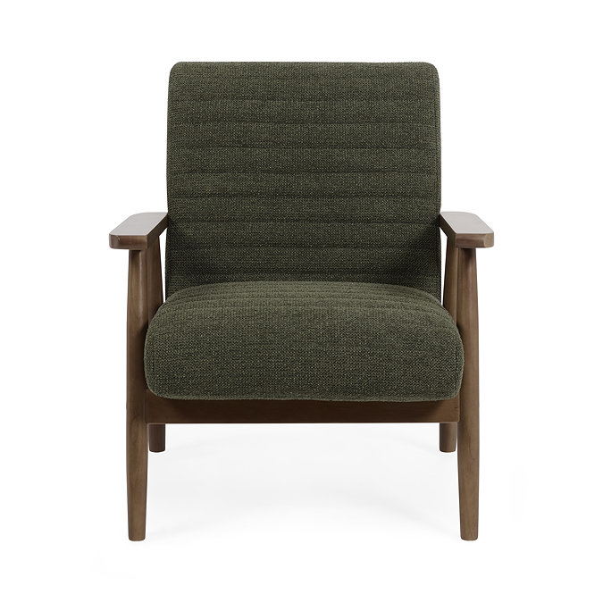 front on image cut out on white background of olive green upholstered accent chair with warm brown arms and legs