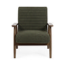 front on image cut out on white background of olive green upholstered accent chair with warm brown arms and legs