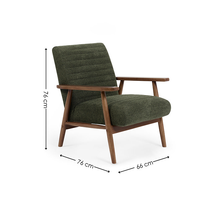 image cut out on white background of olive green accent chair with warm wood arms, with black arrow line dimensions