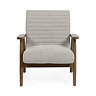 front on image cut out on white background of upholstered beige armchair with warm brown wood arms and legs