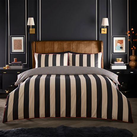 image of black and cream striped bedding